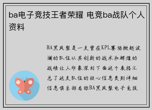 ba电子竞技王者荣耀 电竞ba战队个人资料